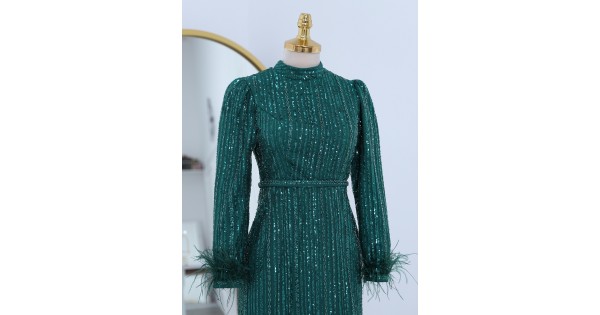 Sleeve Feather Bead Sequins Embroidered Tulle Evening Dress