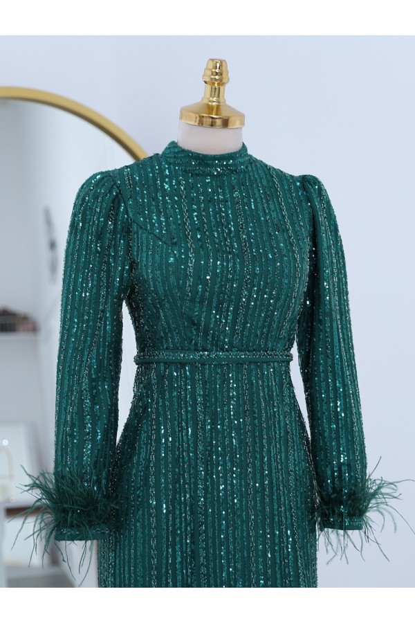 Sleeve Feather Bead Sequins Embroidered Tulle Evening Dress -Emerald