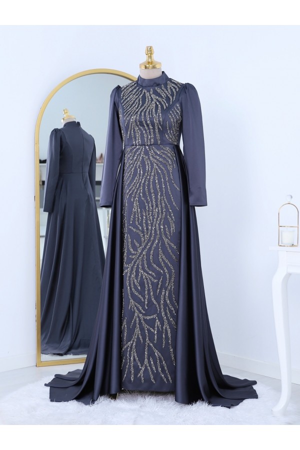 Tailed Bead Embroidered Satin Evening Dress -Anthracite