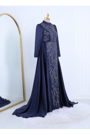 Kuyruklu Boncuk İşlemeli Saten Abiye -Laci