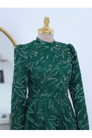 Yapıştırma Taş Detaylı Simli Astarlı Tül Abiye -Zümrüt