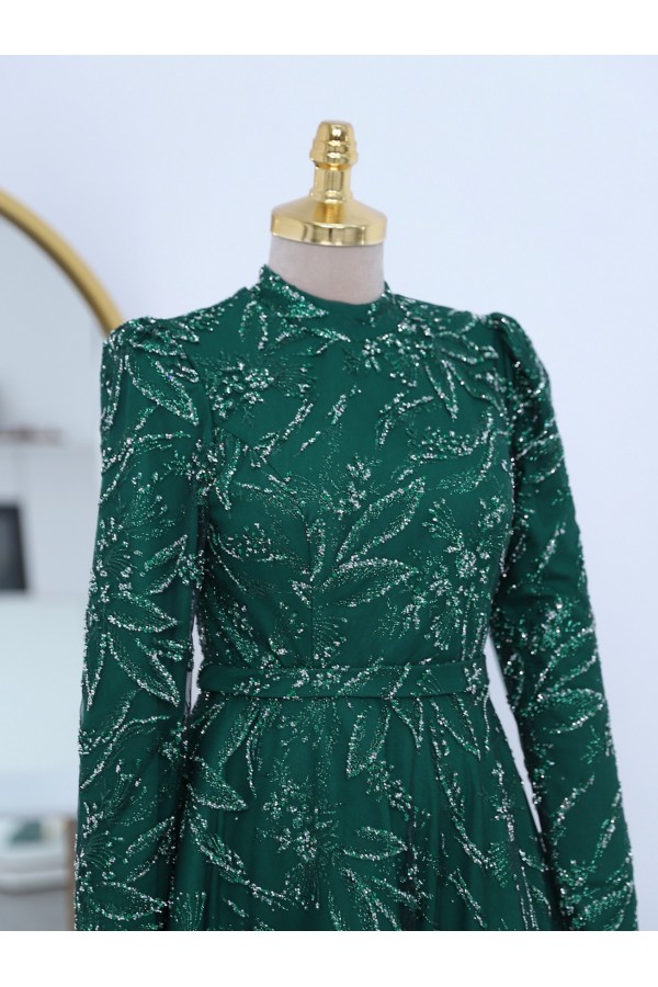Adhesive Stone Detailed Glittery Lined Tulle Evening Dress -Emerald