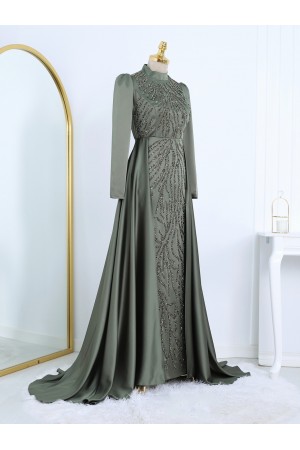 Kuyruklu Boncuk İşlemeli Saten Abiye -Haki