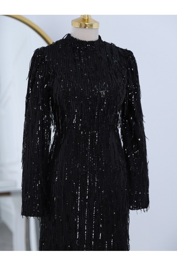 Sequin Embroidered Evening Dress -Black