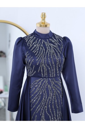 Kuyruklu Boncuk İşlemeli Saten Abiye -Laci