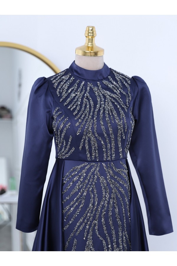 Tailed Bead Embroidered Satin Evening Dress -Navy blue