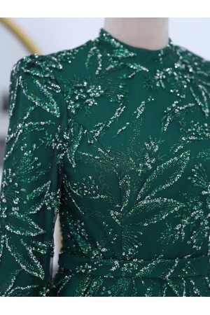 Yapıştırma Taş Detaylı Simli Astarlı Tül Abiye -Zümrüt