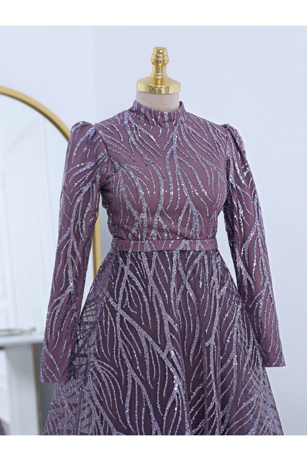 Sequin Patterned Lined Tulle Evening Dress -Lilac