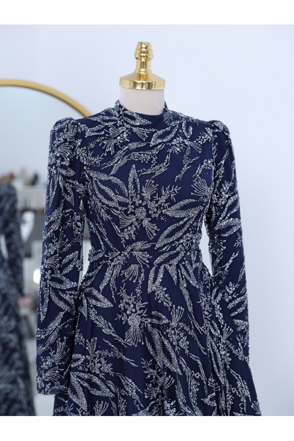Adhesive Stone Detailed Glittery Lined Tulle Evening Dress -Navy blue