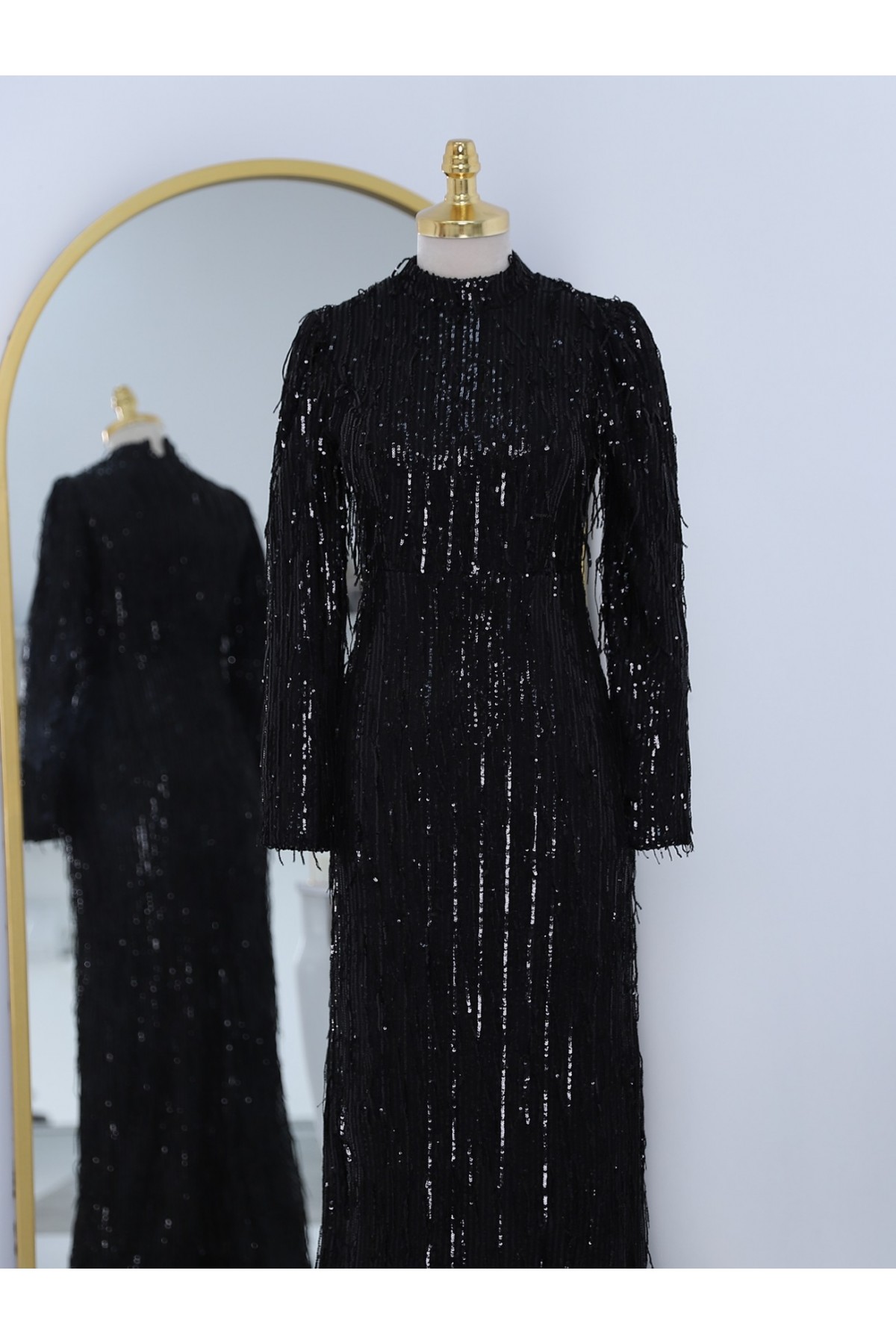 Sequin Embroidered Evening Dress -Black