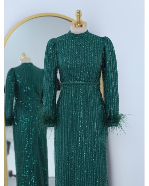 Kolu Tüylü Boncuk Pul İşlemeli Tül Abiye -Zümrüt