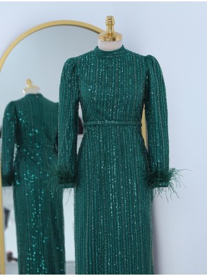 Sleeve Feather Bead Sequins Embroidered Tulle Evening Dress -Emerald
