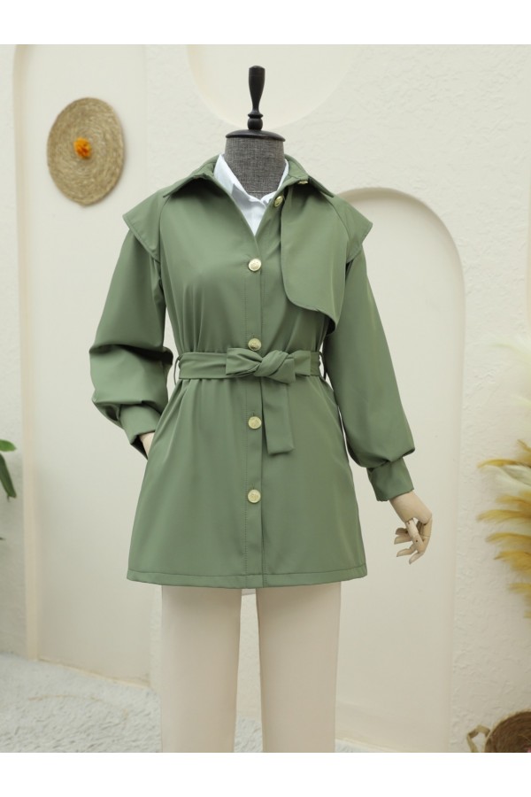 Double-Buttoned Belted Trench Coat with Brooch Buttons -Khaki