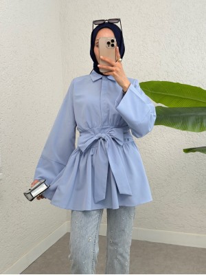 Yarım Düğmeli Beli Bağlamalı Yanı Fermuarlı Tunik -Bebe Mavi