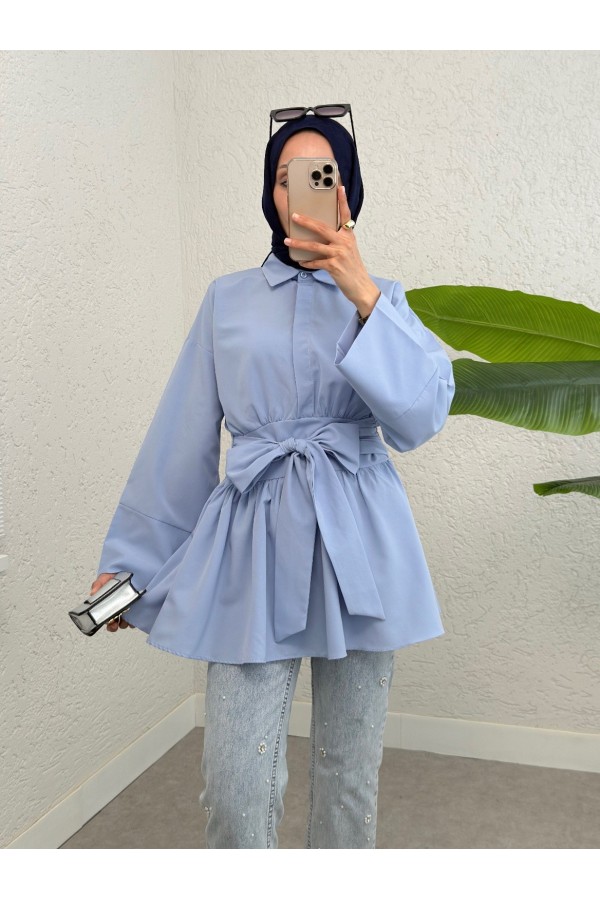 Yarım Düğmeli Beli Bağlamalı Yanı Fermuarlı Tunik -Bebe Mavi