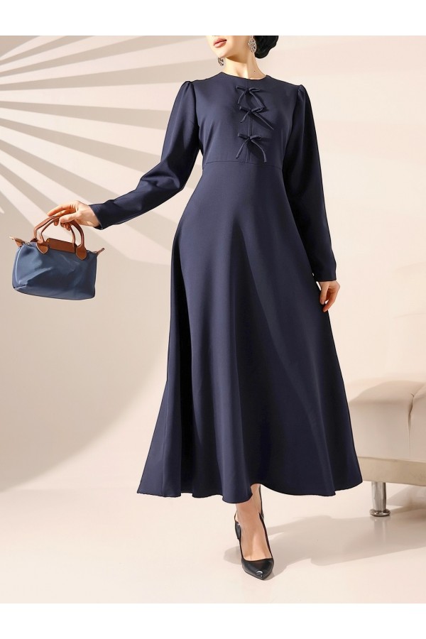 Ribbon Detailed Imported Crepe Dress -Navy blue