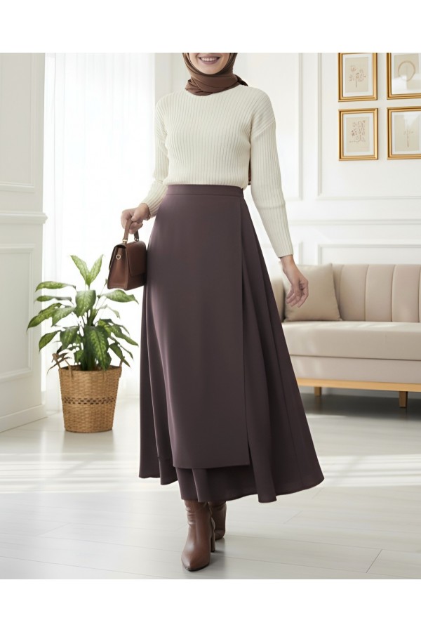 Cross Front Double Layer Scuba Skirt -Dark Coffee