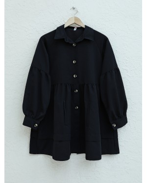 Tunic with Folded Skirt and Double Pockets -Black