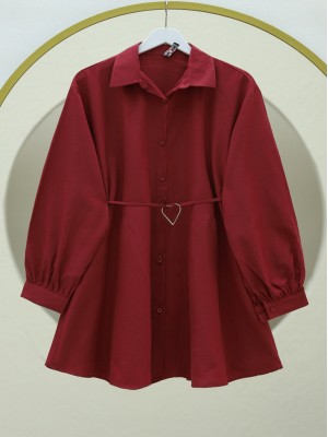 Parça Kumaşlı Düğmeli Poplin Tunik    -Bordo