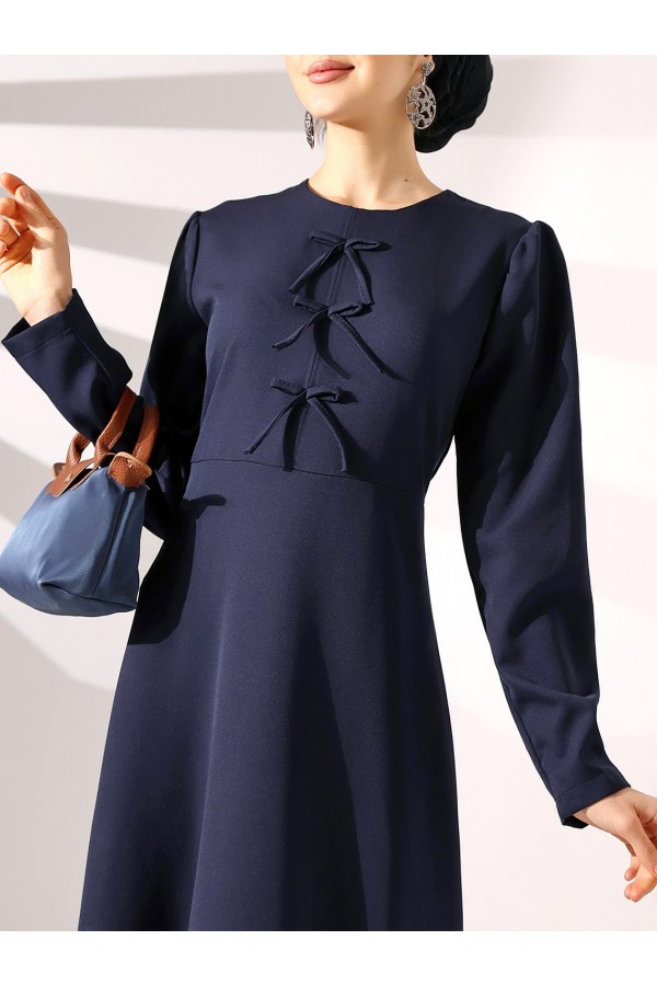 Ribbon Detailed Imported Crepe Dress -Navy blue