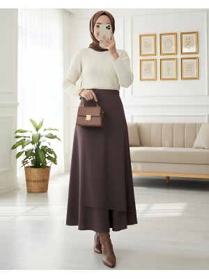 Önü Çapraz Çift Katlı Scuba Etek -K. Kahve
