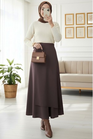 Cross Front Double Layer Scuba Skirt -Dark Coffee