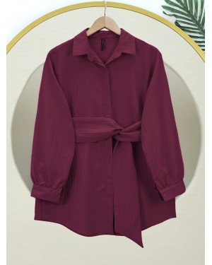 Belden Bağlamalı Fitlli Krinkıl Gömlek  -Bordo