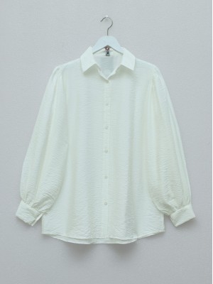 Balon Kol Düz Tunik  -Beyaz