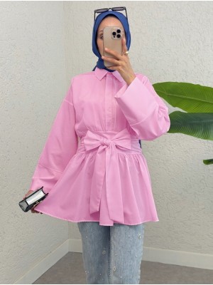 Yarım Düğmeli Beli Bağlamalı Yanı Fermuarlı Tunik  -Pembe