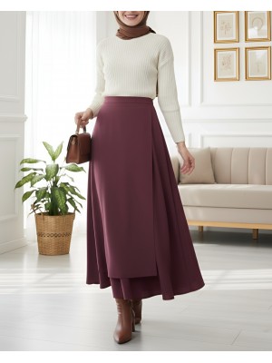 Önü Çapraz Çift Katlı Scuba Etek -Bordo