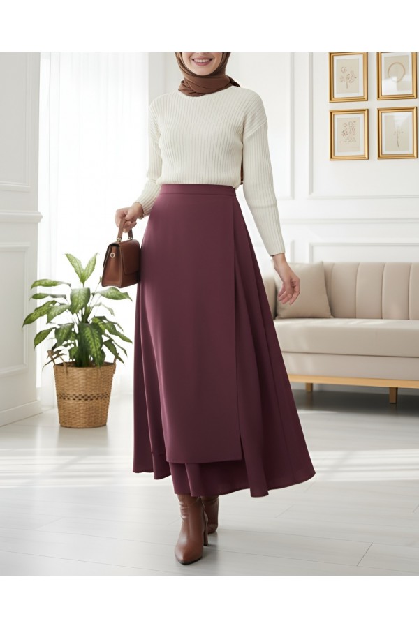 Cross Front Double Layer Scuba Skirt -Maroon