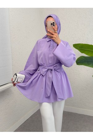 Half Buttoned Waist Tie Side Zipper Tunic -Lilac