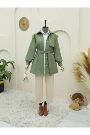 Broş Düğmeli Çift Düğmeli Kemerli Trençkot -Haki