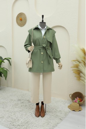 Broş Düğmeli Çift Düğmeli Kemerli Trençkot -Haki