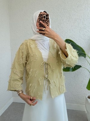 Tied Front Tassel Detailed Kimono -Olive