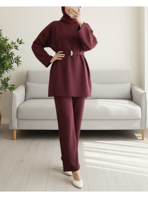 Yuvarlak Yaka Beli Kemerli Scuba Takım -Bordo