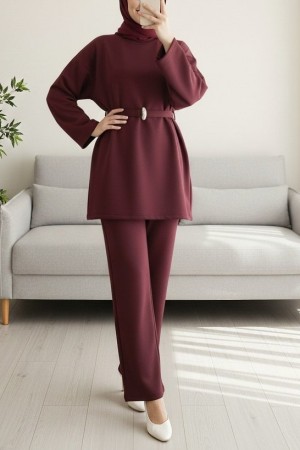 Yuvarlak Yaka Beli Kemerli Scuba Takım -Bordo