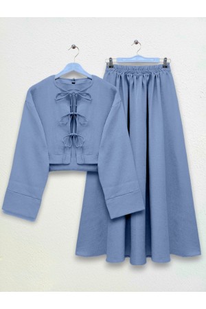 Double Front Tied Jacket and Skirt Set   -Baby Blue