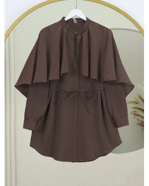 Dik Yaka Pelerin Detaylı Poplin Gömlek -Kahve