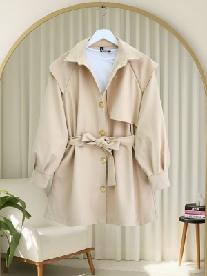 Double-Buttoned Belted Trench Coat with Brooch Buttons - Beige