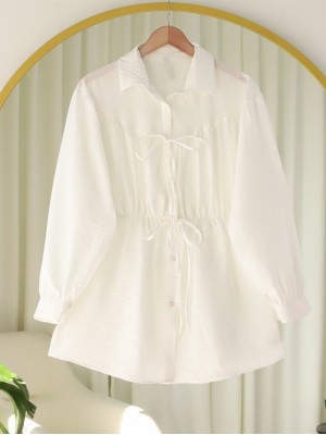 Bağlama Detaylı Beli Lastikli Düğmeli Gömlek -Beyaz