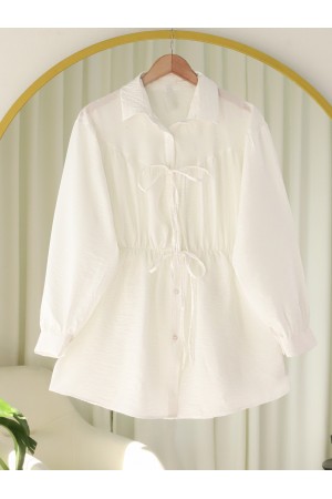Bağlama Detaylı Beli Lastikli Düğmeli Gömlek -Beyaz