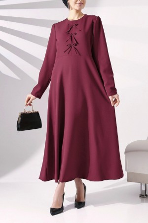 Kurdele Detaylı İthal Krep Elbise -Bordo