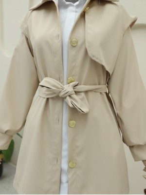 Double-Buttoned Belted Trench Coat with Brooch Buttons - Beige