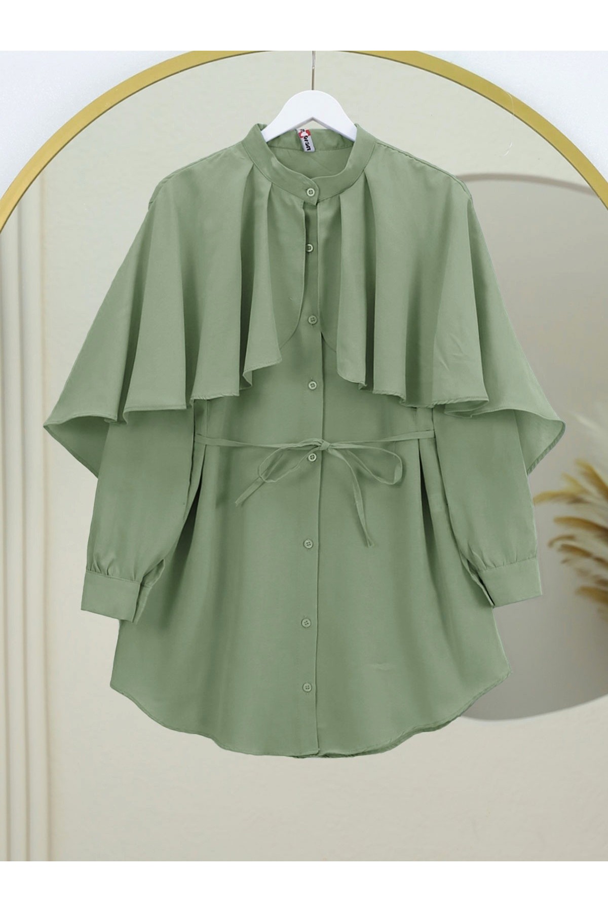 Poplin Shirt with Stand Collar Cape Detail -Cagla Green