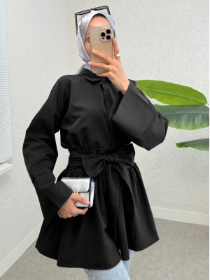 Yarım Düğmeli Beli Bağlamalı Yanı Fermuarlı Tunik -Siyah