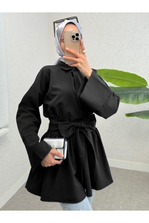 Half Buttoned Waist Tie Side Zipper Tunic -Black