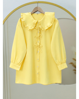 Önü Fiyonk Detaylı Bebe Yaka Poplin Gömlek     -Sarı