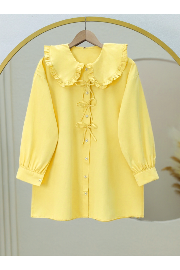 Önü Fiyonk Detaylı Bebe Yaka Poplin Gömlek     -Sarı