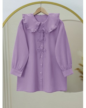 Önü Fiyonk Detaylı Bebe Yaka Poplin Gömlek -Lila